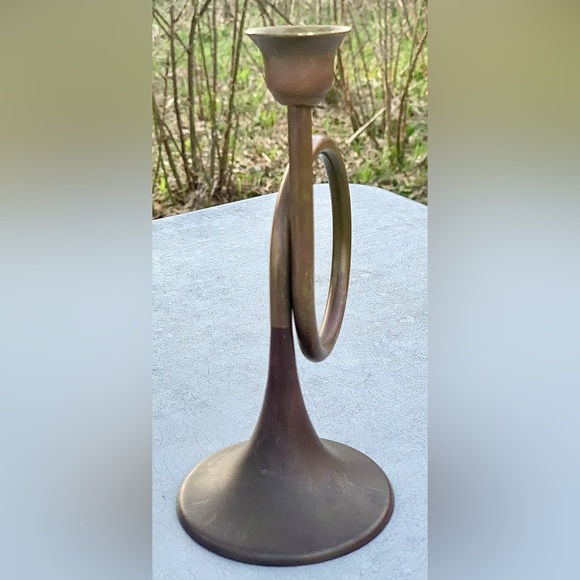 Vintage Mid Century Antique Solid Brass Bronze Figural Bugle Horn Candlestick - Picture 4 of 16